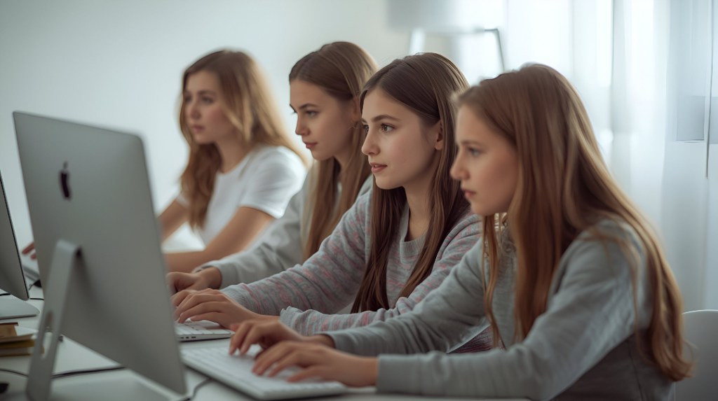 Fotografía de cuatro chicas con ordenadores simulando que son las creadoras de la web