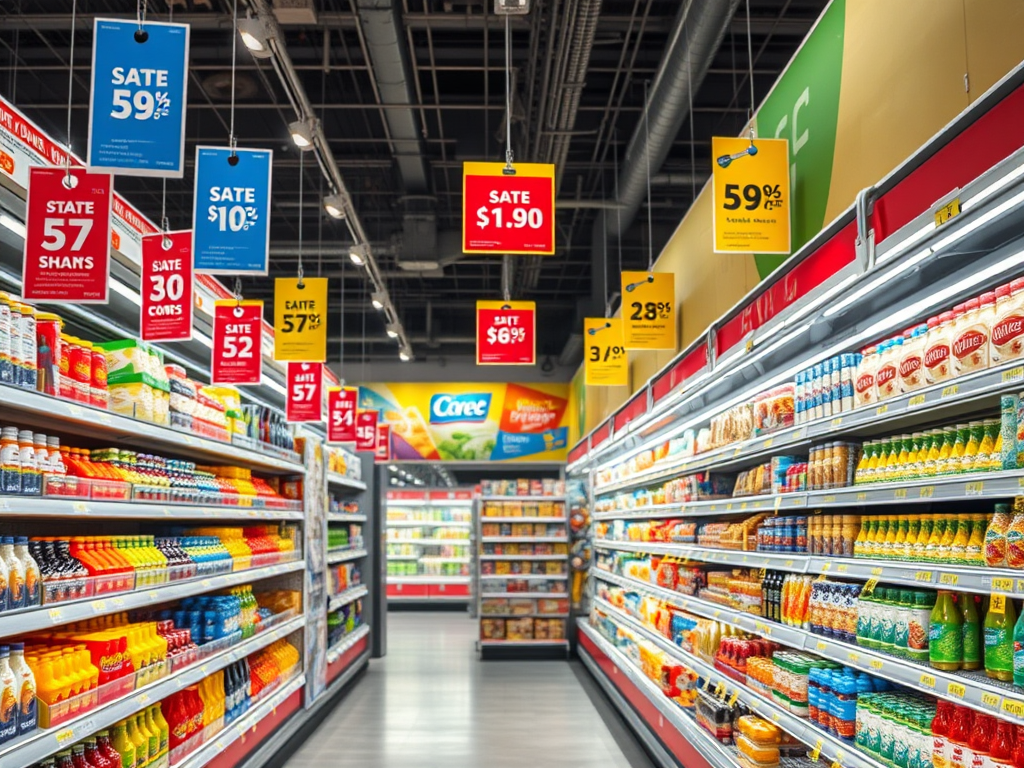 pasillo de supermercado con descuentos en los productos